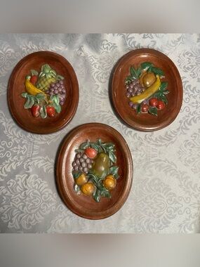 Decorative Brown Ceramic Fruit Wall Plaques - Set of 3